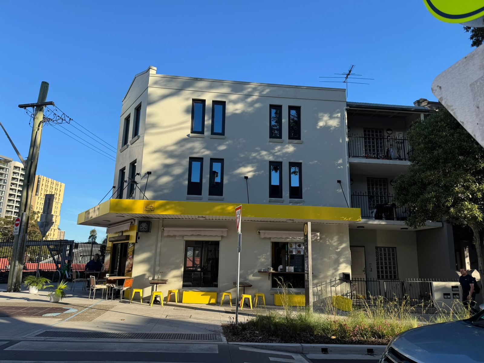 Mixed-use corner building street view